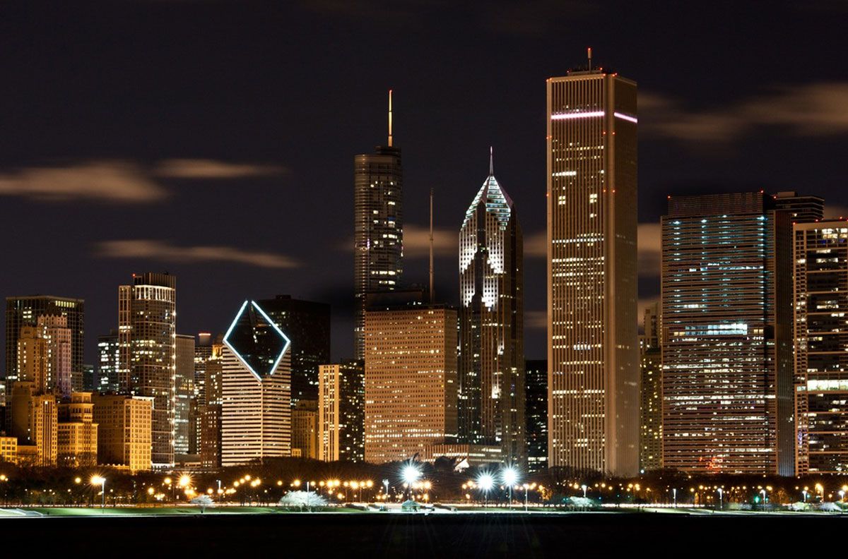 Chicago skyline at night from Lake Michigan