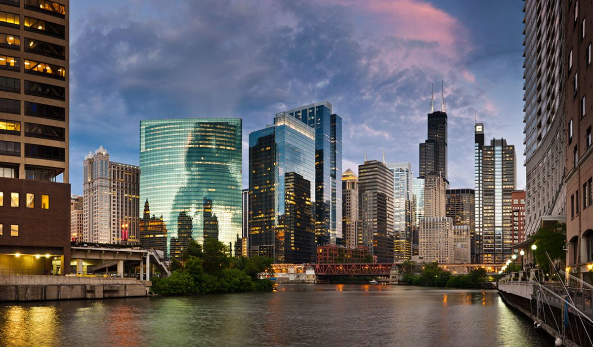 Hyatt Building from the Chicago River at dawn