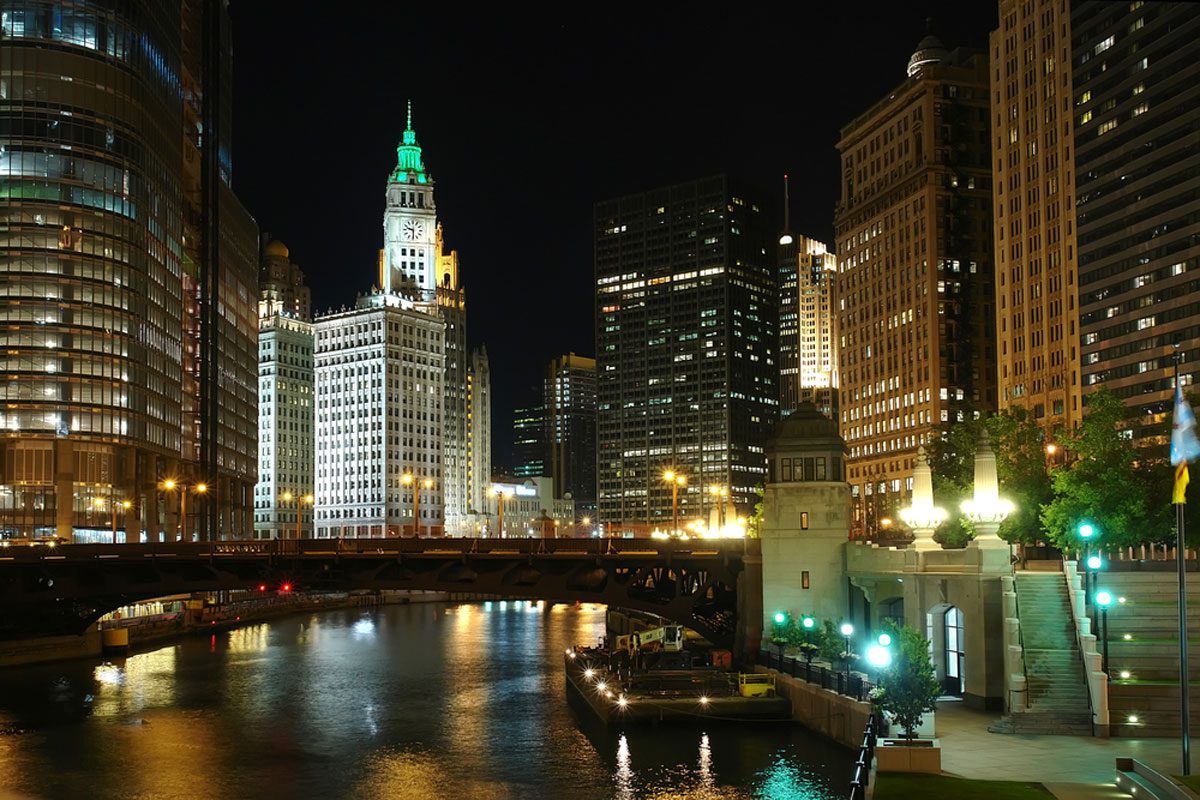 Wrigley Building at night from the Chicago River